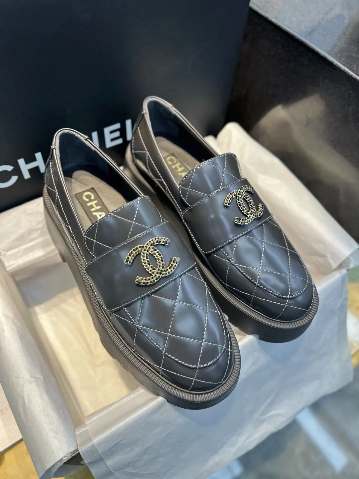 Chanel 24B Grey Quilted Platform Loafers 543421