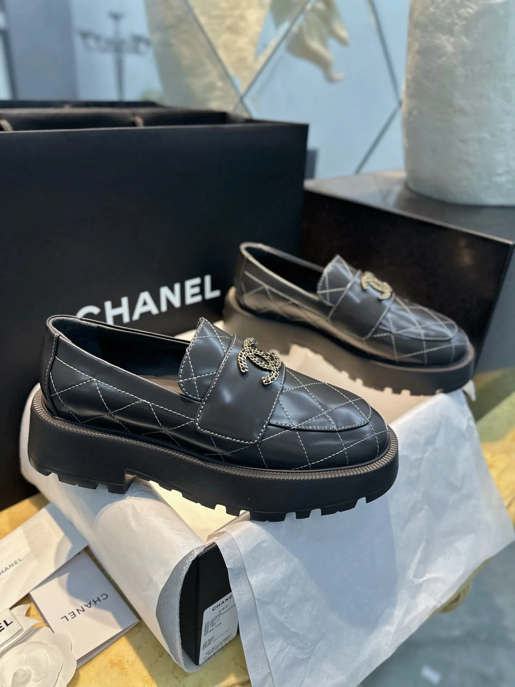 Chanel 24B Grey Quilted Platform Loafers 543421