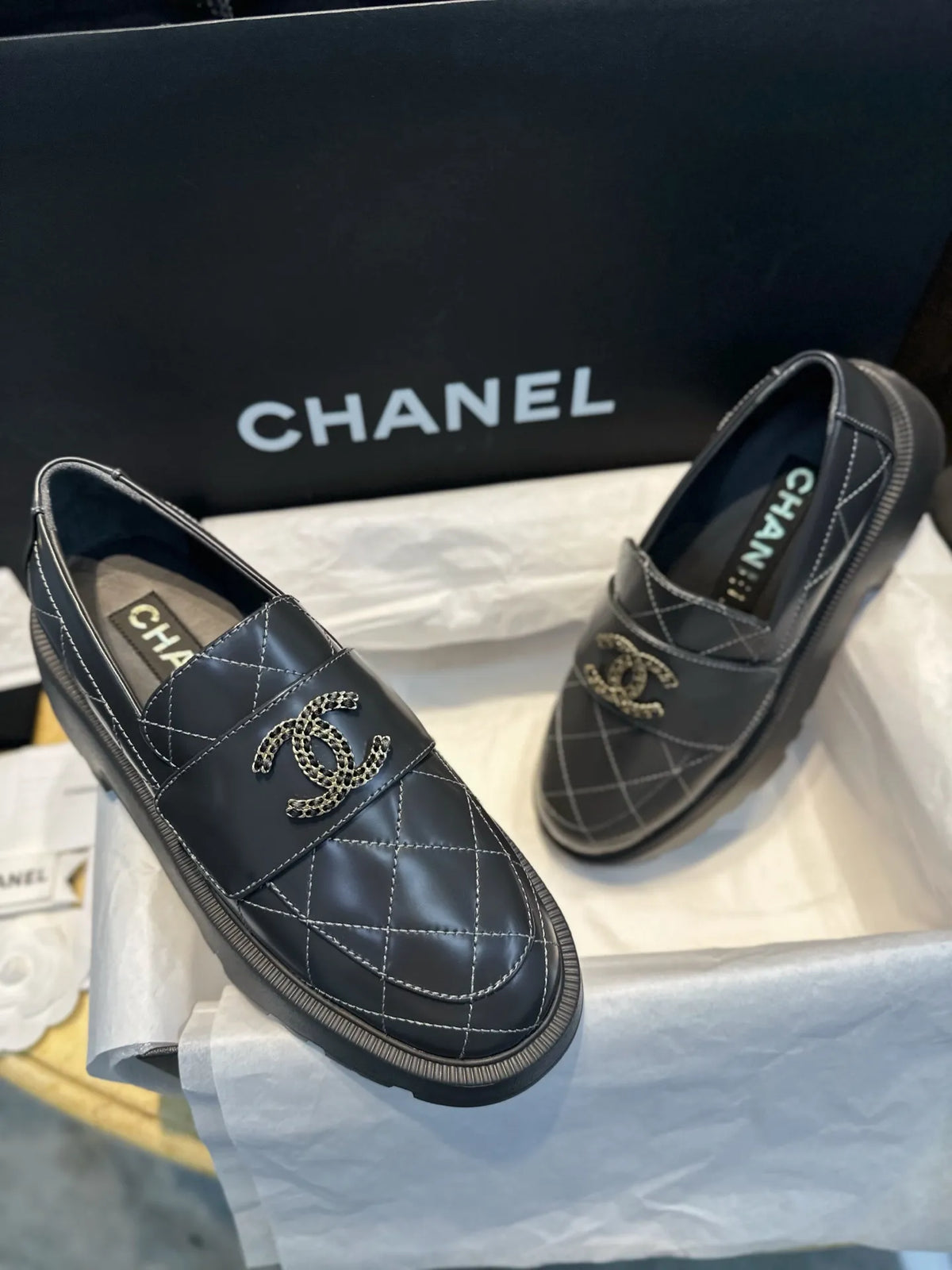 Chanel 24B Grey Quilted Platform Loafers 543421