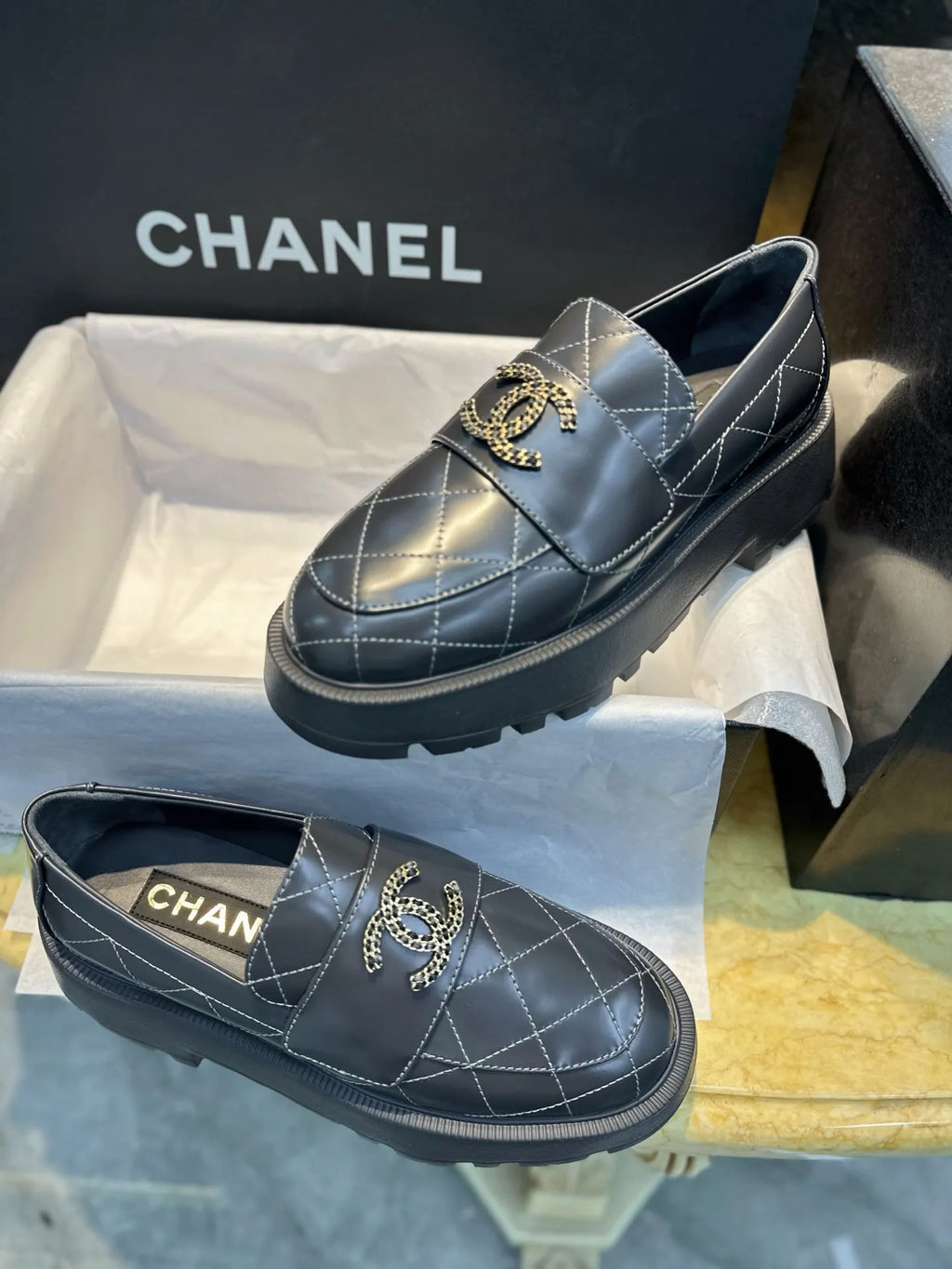 Chanel 24B Grey Quilted Platform Loafers 543421