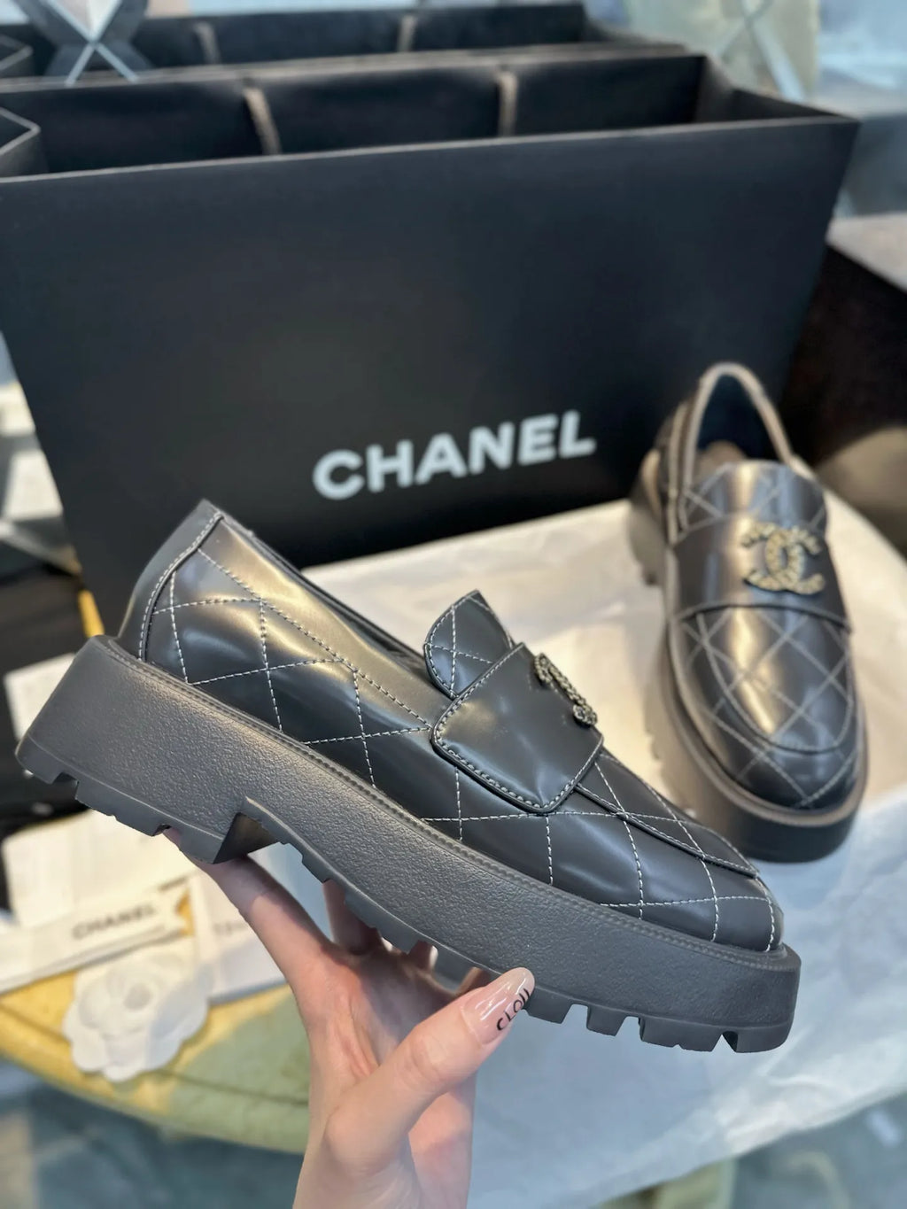 Chanel 24B Grey Quilted Platform Loafers 543421