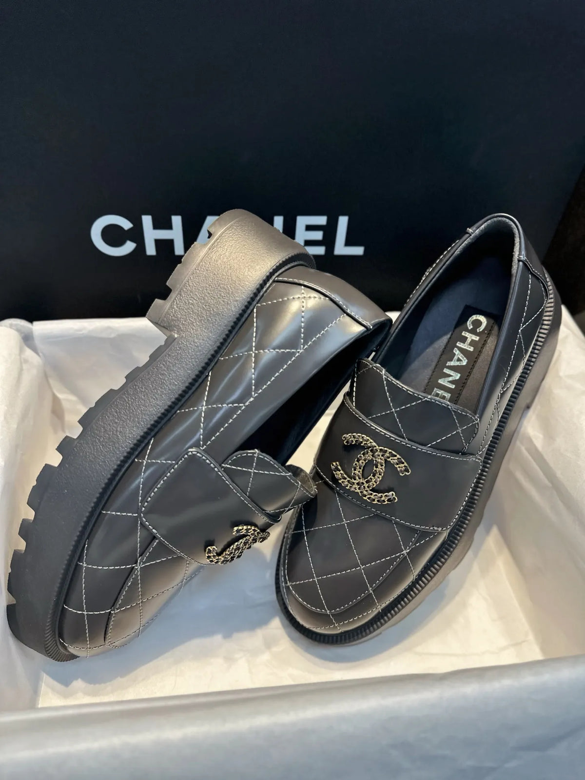Chanel 24B Grey Quilted Platform Loafers 543421