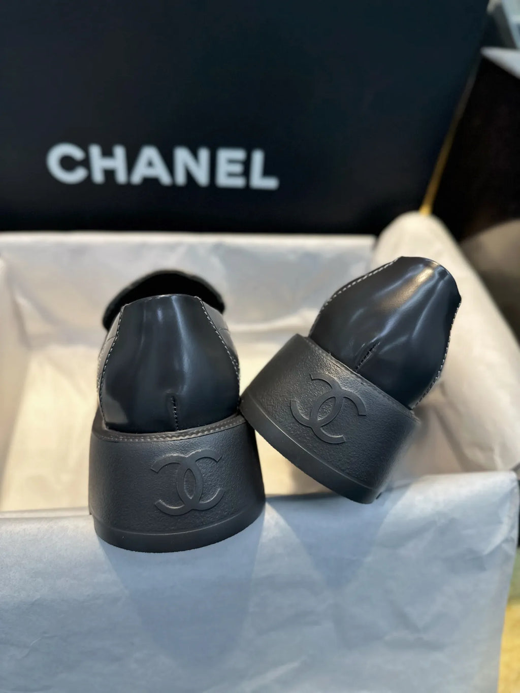 Chanel 24B Grey Quilted Platform Loafers 543421