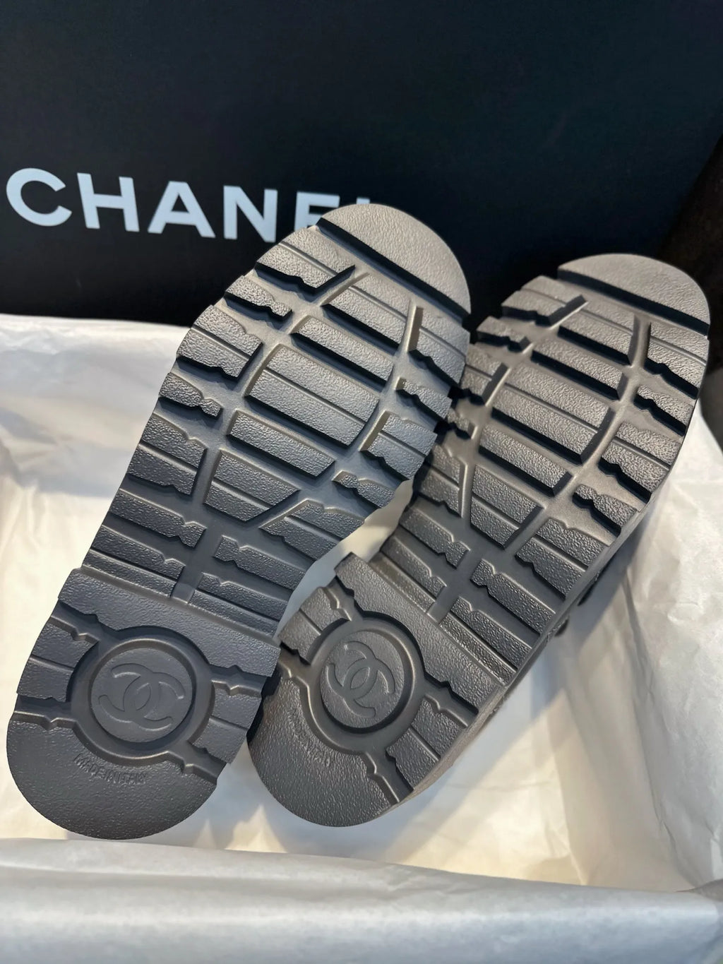 Chanel 24B Grey Quilted Platform Loafers 543421