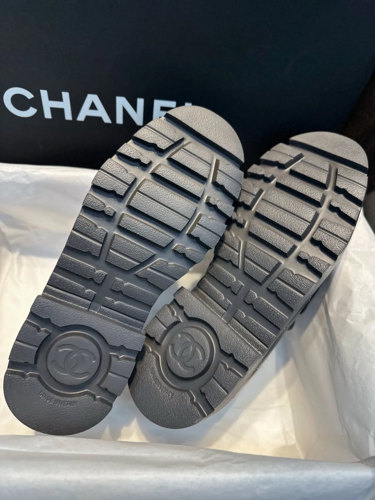 Chanel 24B Grey Quilted Platform Loafers 543421