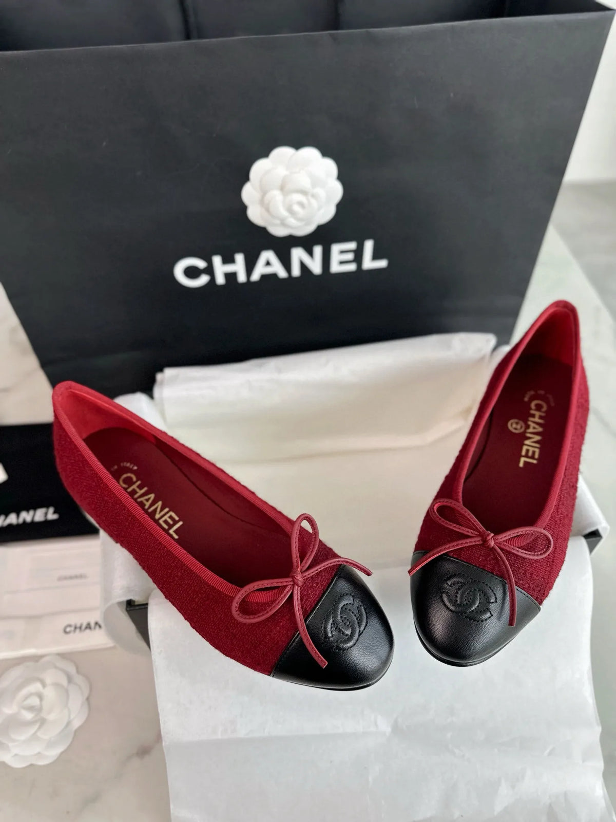 Chanel 24K Burgundy Striped Fabric Ballet Flats 543472
