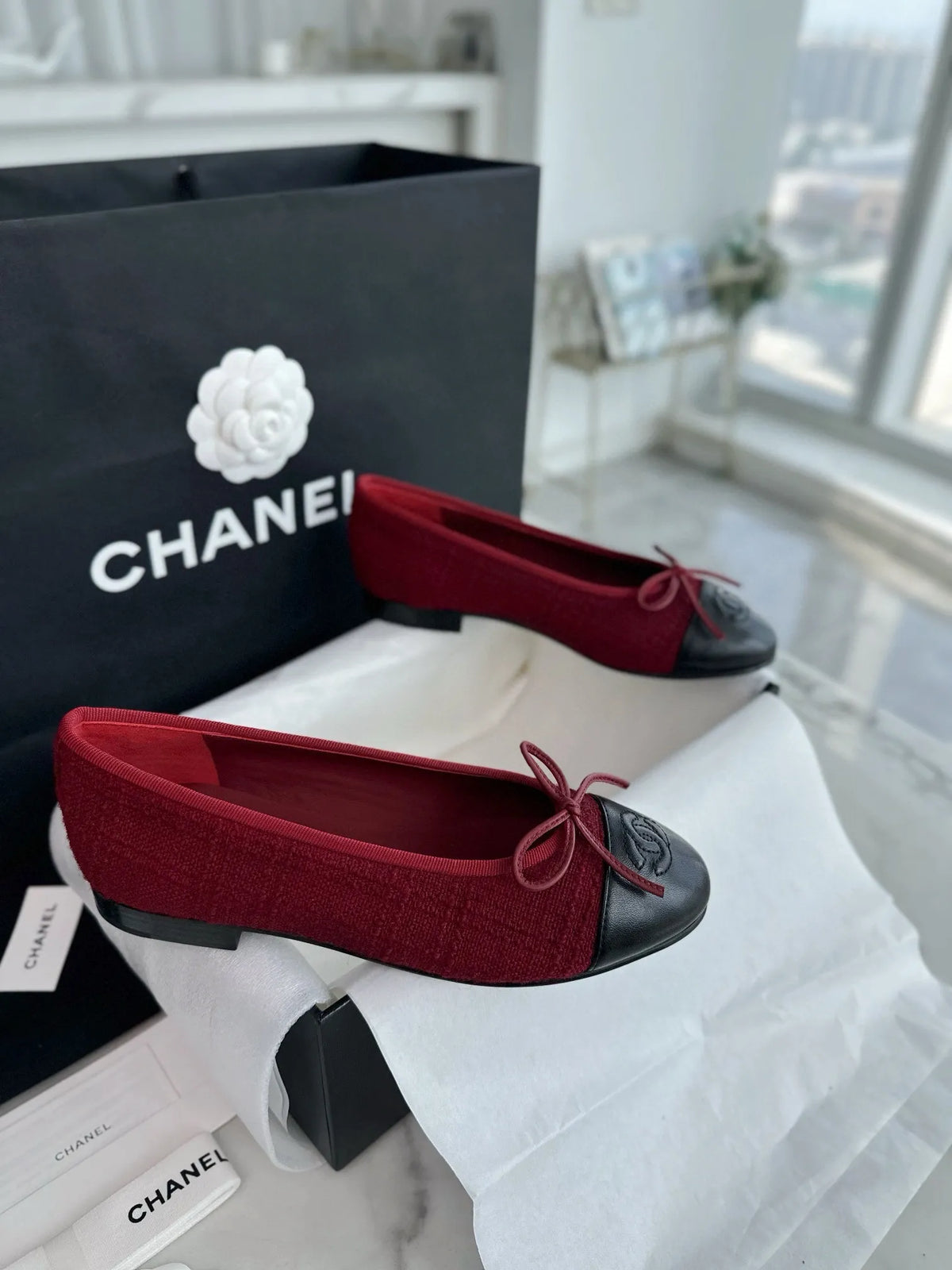 Chanel 24K Burgundy Striped Fabric Ballet Flats 543472