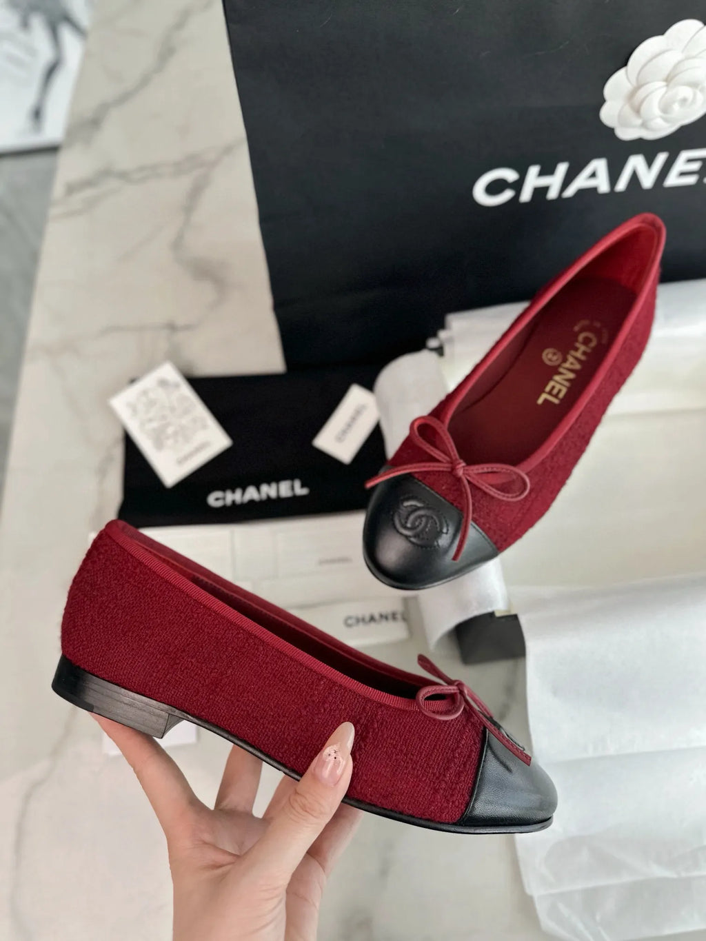 Chanel 24K Burgundy Striped Fabric Ballet Flats 543472