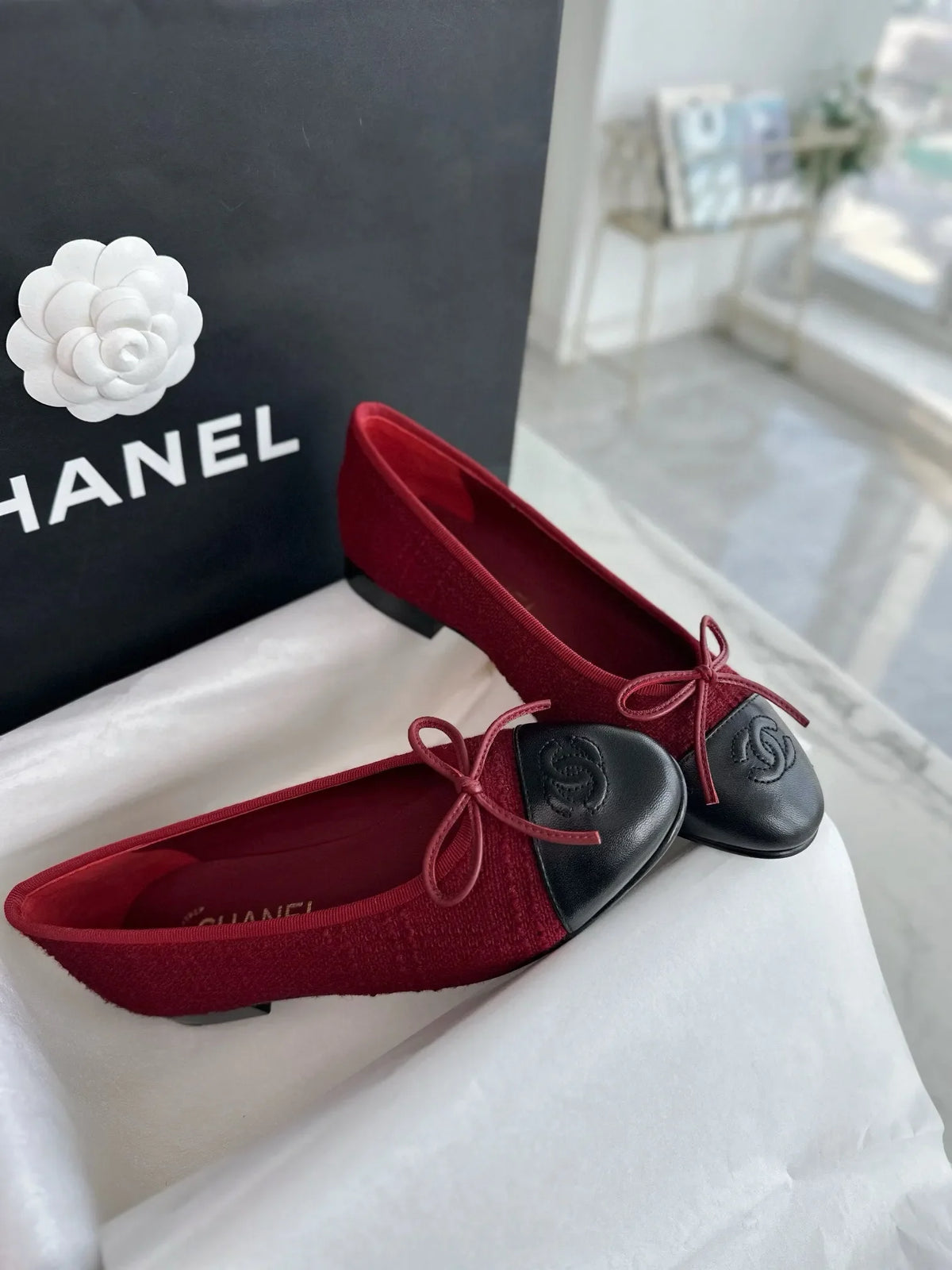Chanel 24K Burgundy Striped Fabric Ballet Flats 543472