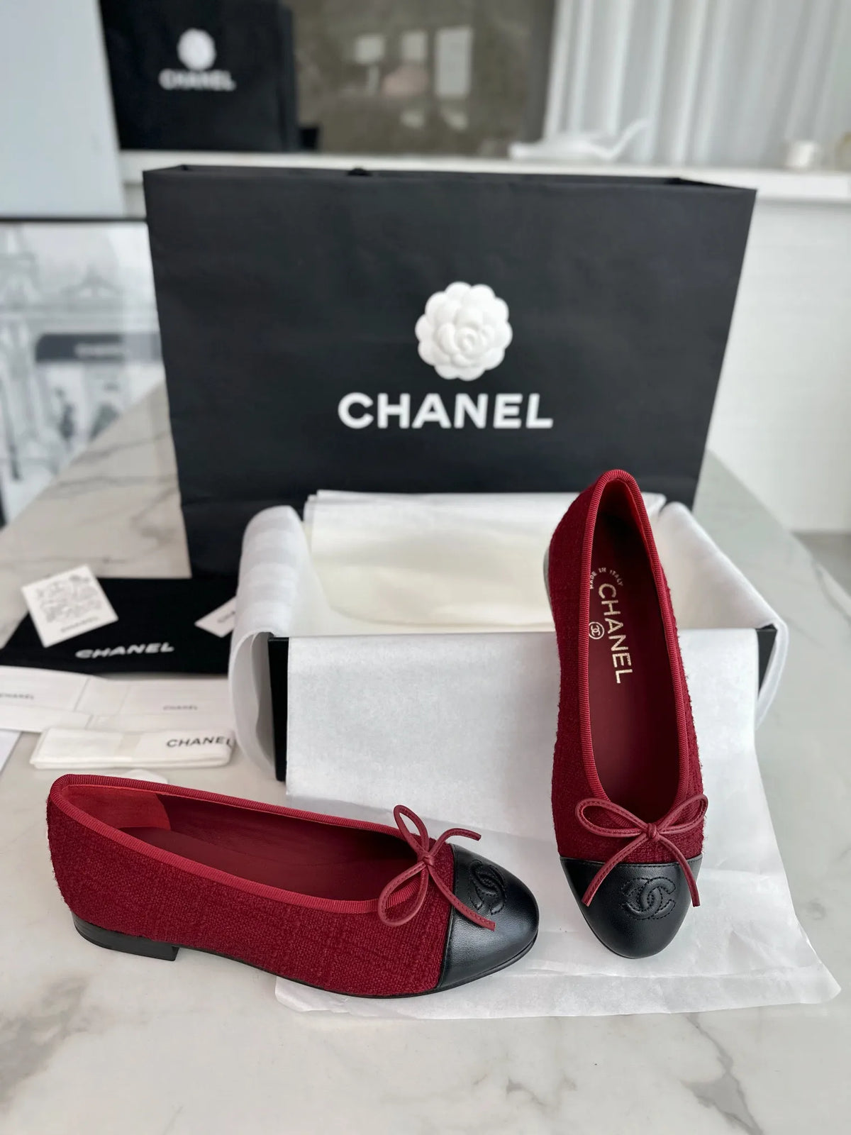 Chanel 24K Burgundy Striped Fabric Ballet Flats 543472