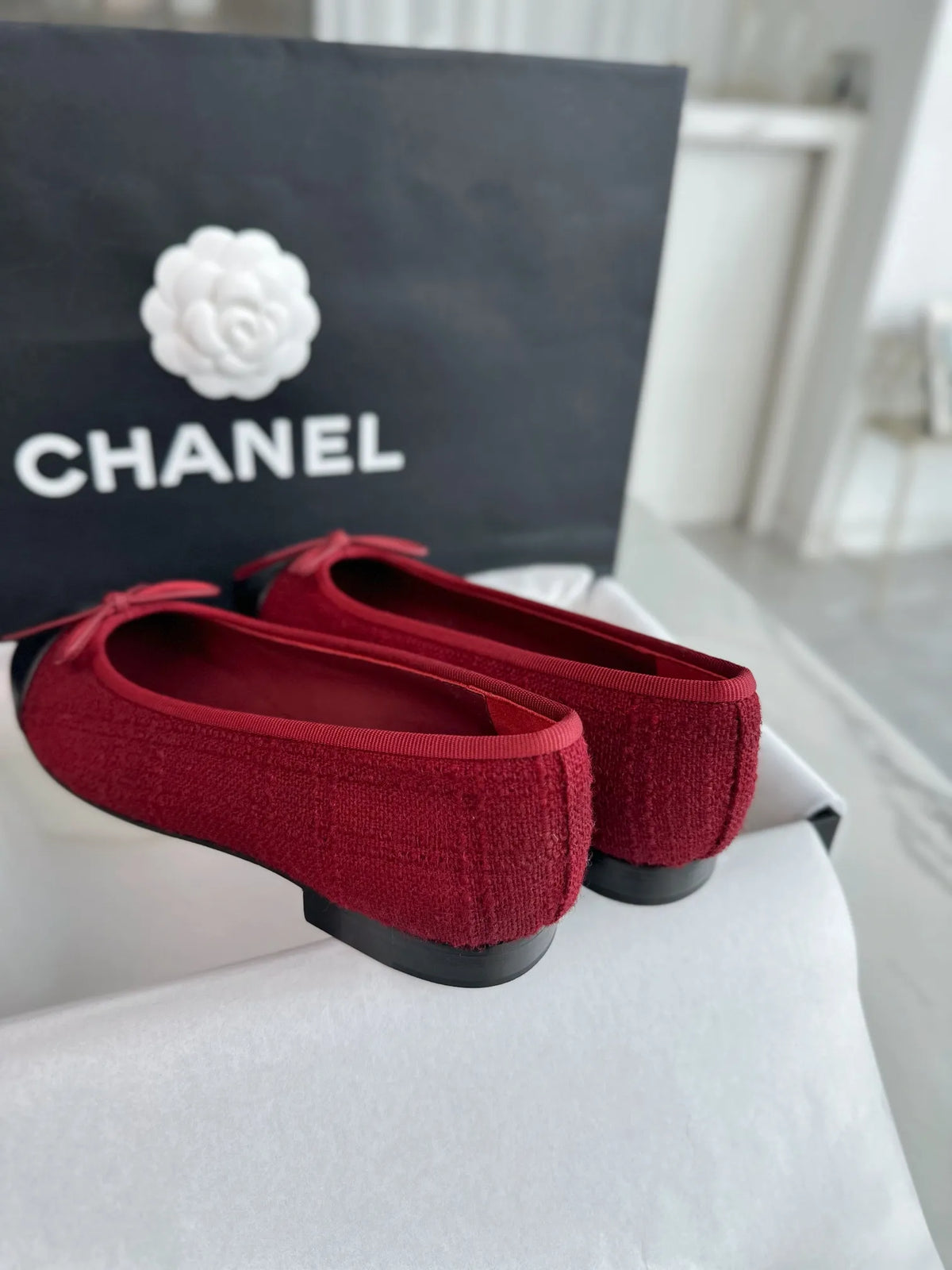 Chanel 24K Burgundy Striped Fabric Ballet Flats 543472