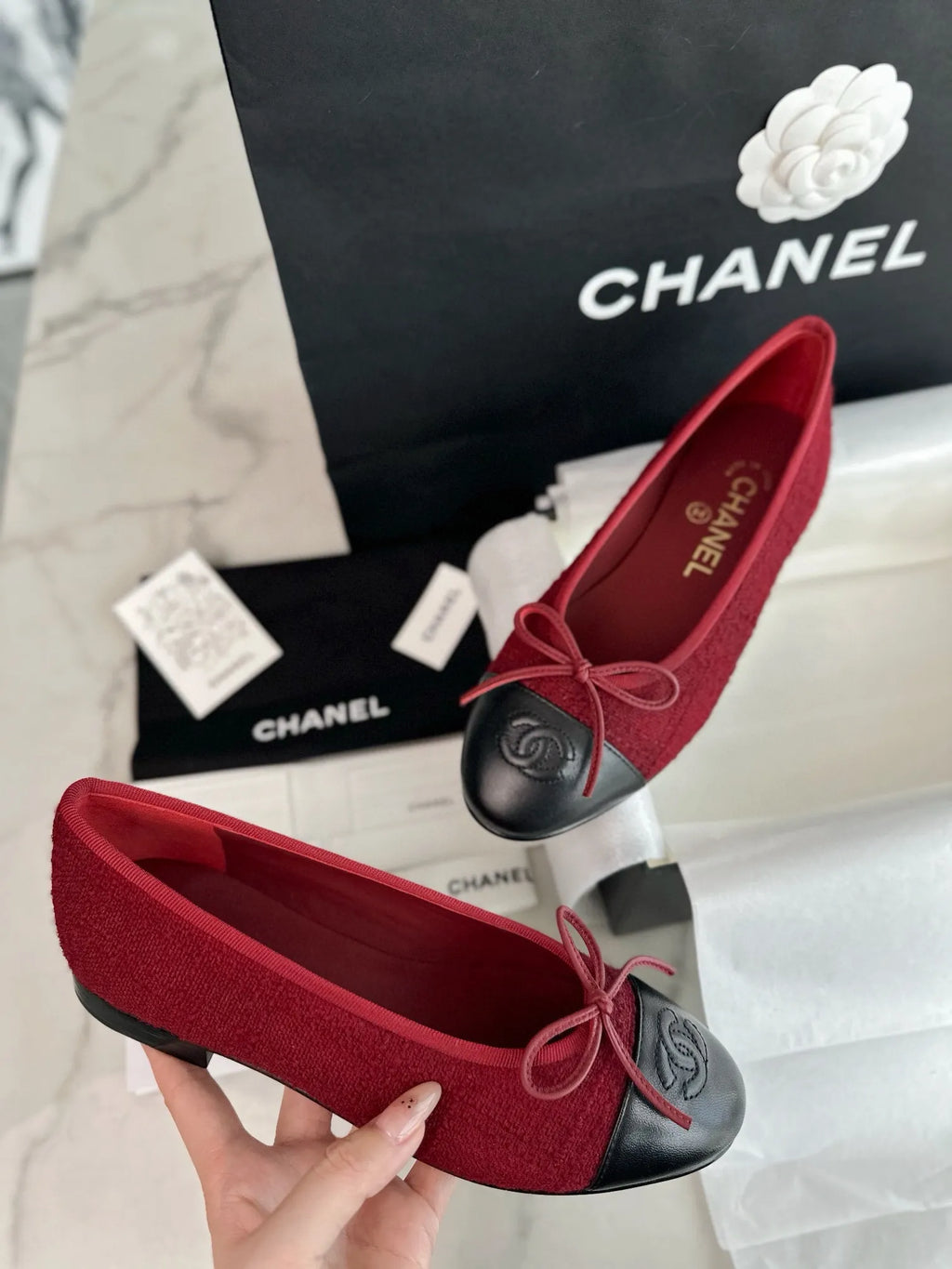 Chanel 24K Burgundy Striped Fabric Ballet Flats 543472