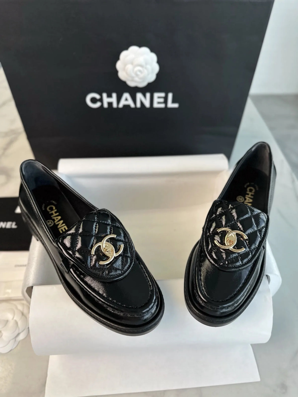Chanel 24P Crinkled Patent Leather Backpack Loafers 543531