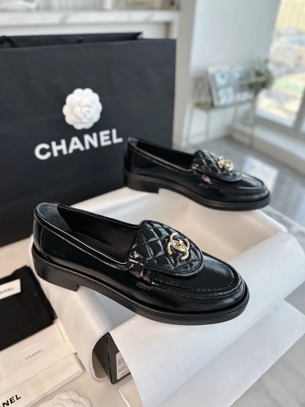 Chanel 24P Crinkled Patent Leather Backpack Loafers 543531