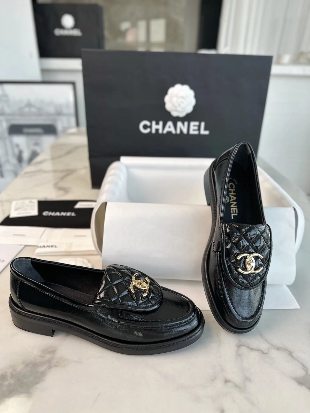 Chanel 24P Crinkled Patent Leather Backpack Loafers 543531
