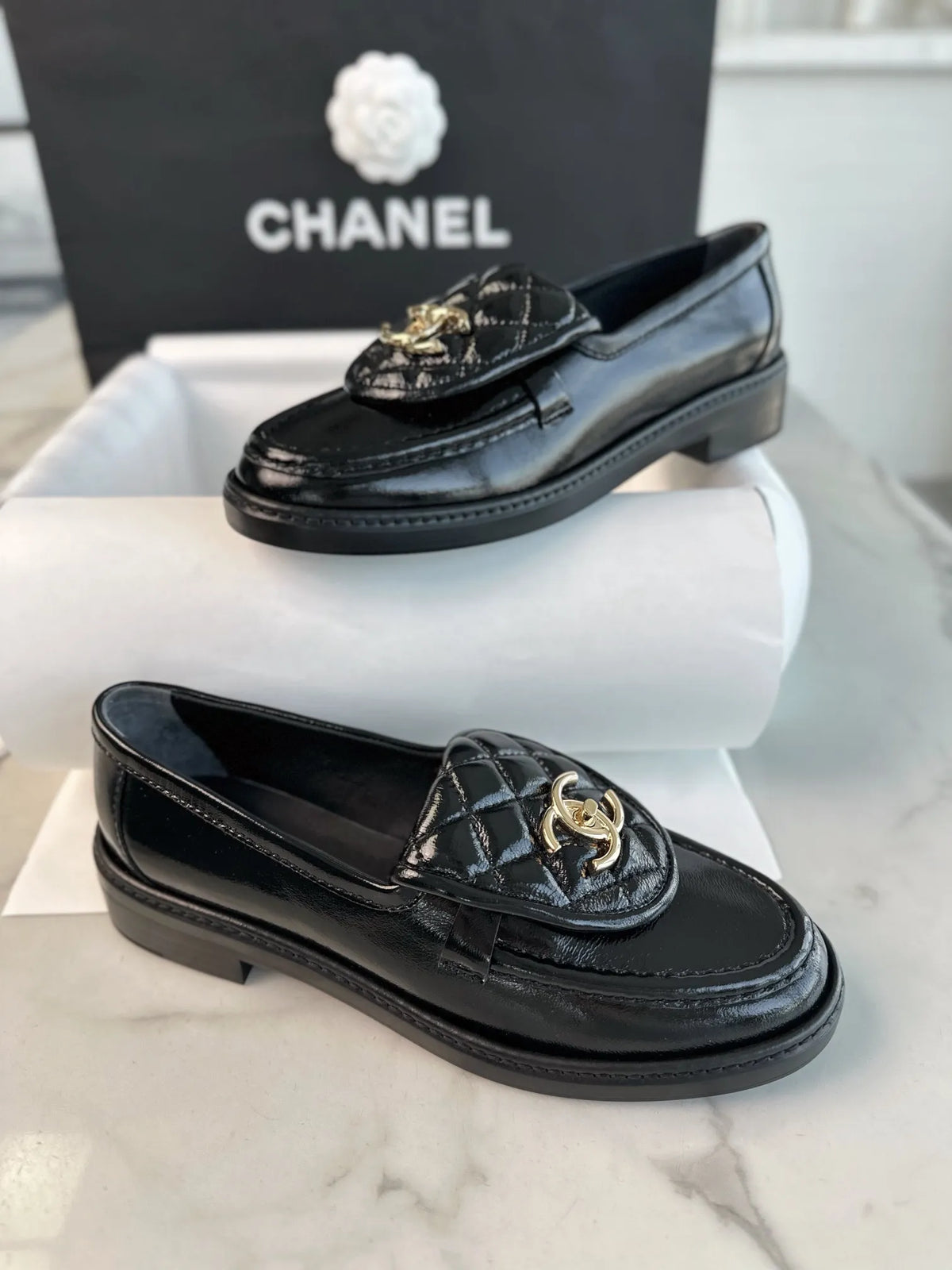 Chanel 24P Crinkled Patent Leather Backpack Loafers 543531