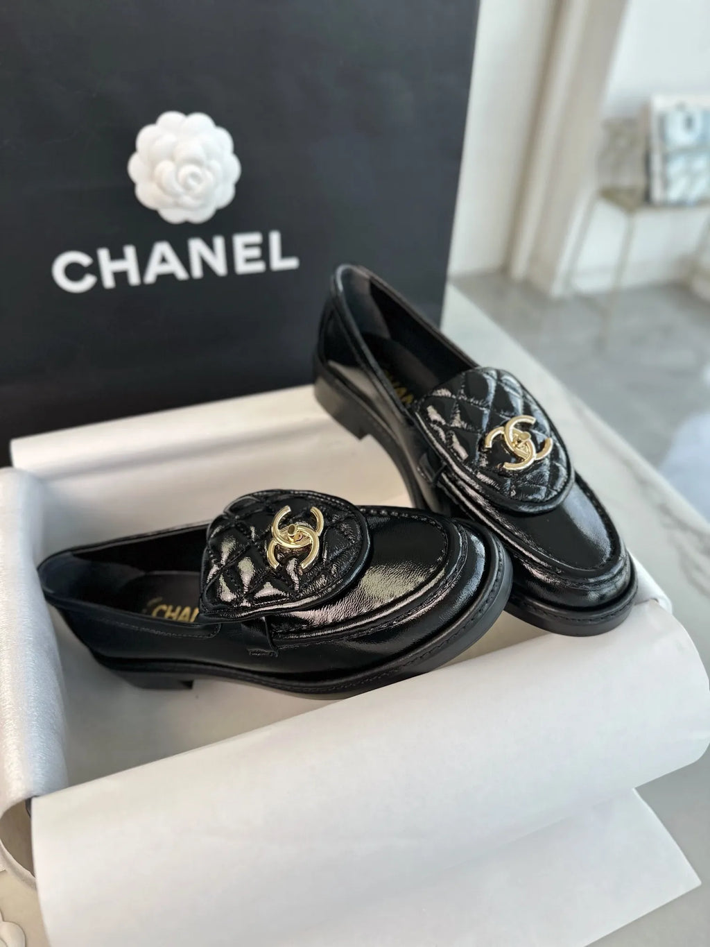 Chanel 24P Crinkled Patent Leather Backpack Loafers 543531