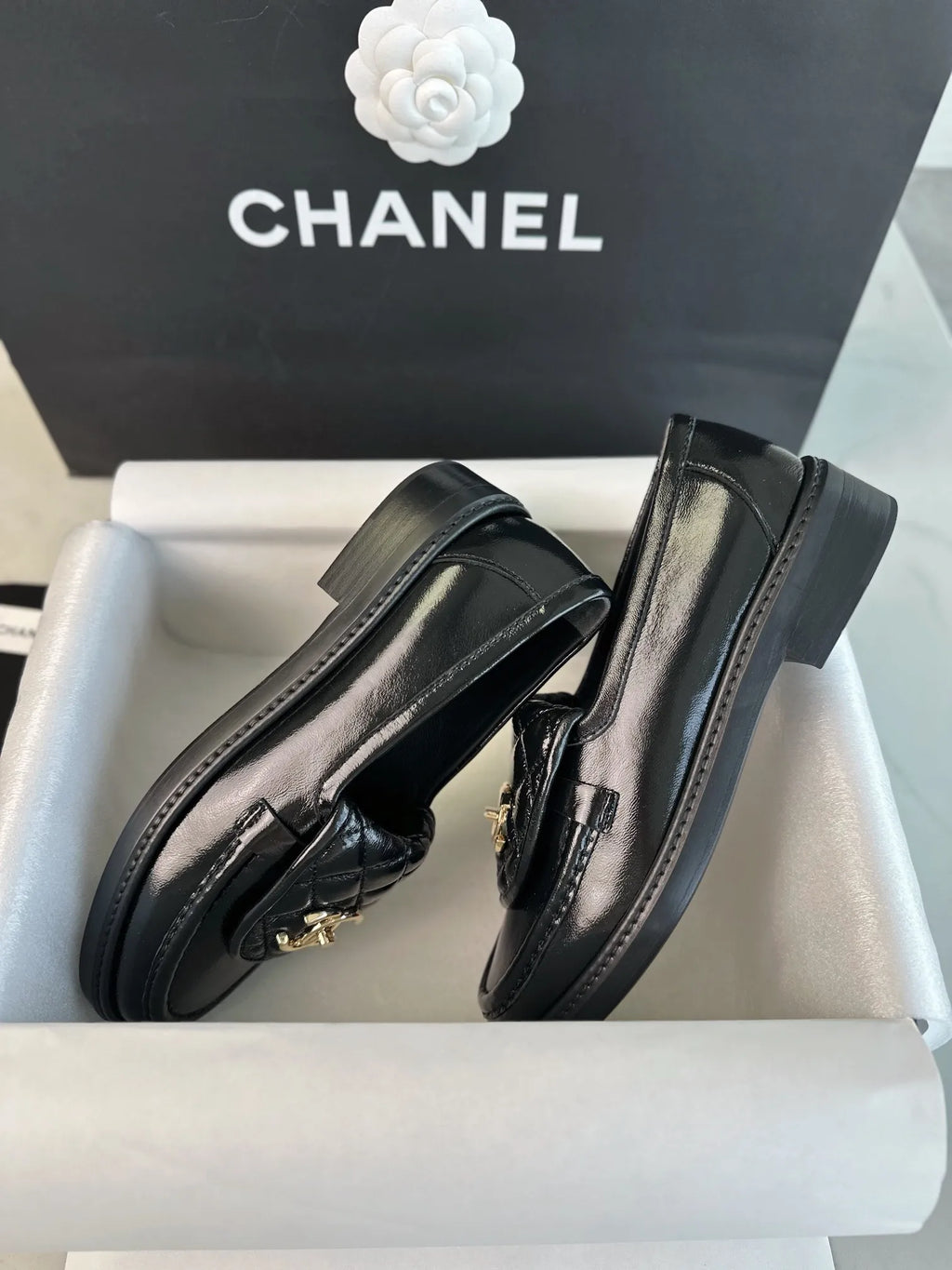 Chanel 24P Crinkled Patent Leather Backpack Loafers 543531