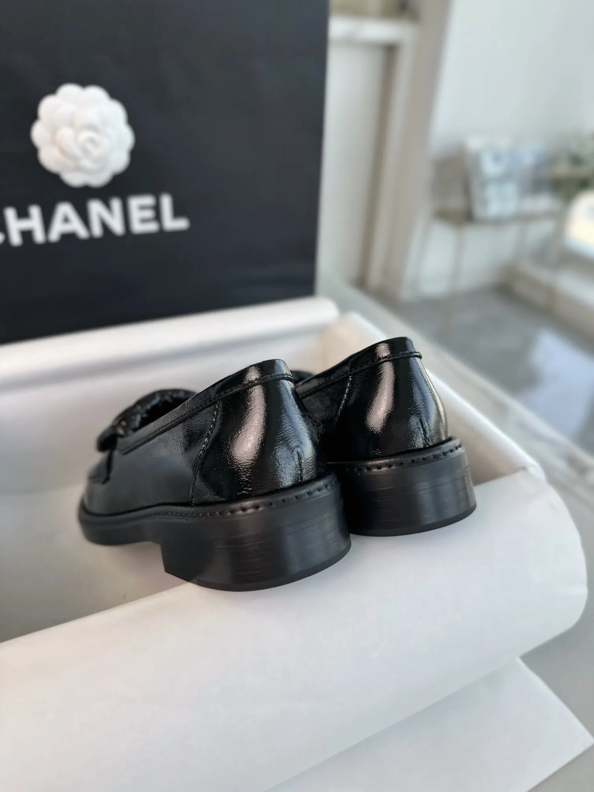 Chanel 24P Crinkled Patent Leather Backpack Loafers 543531