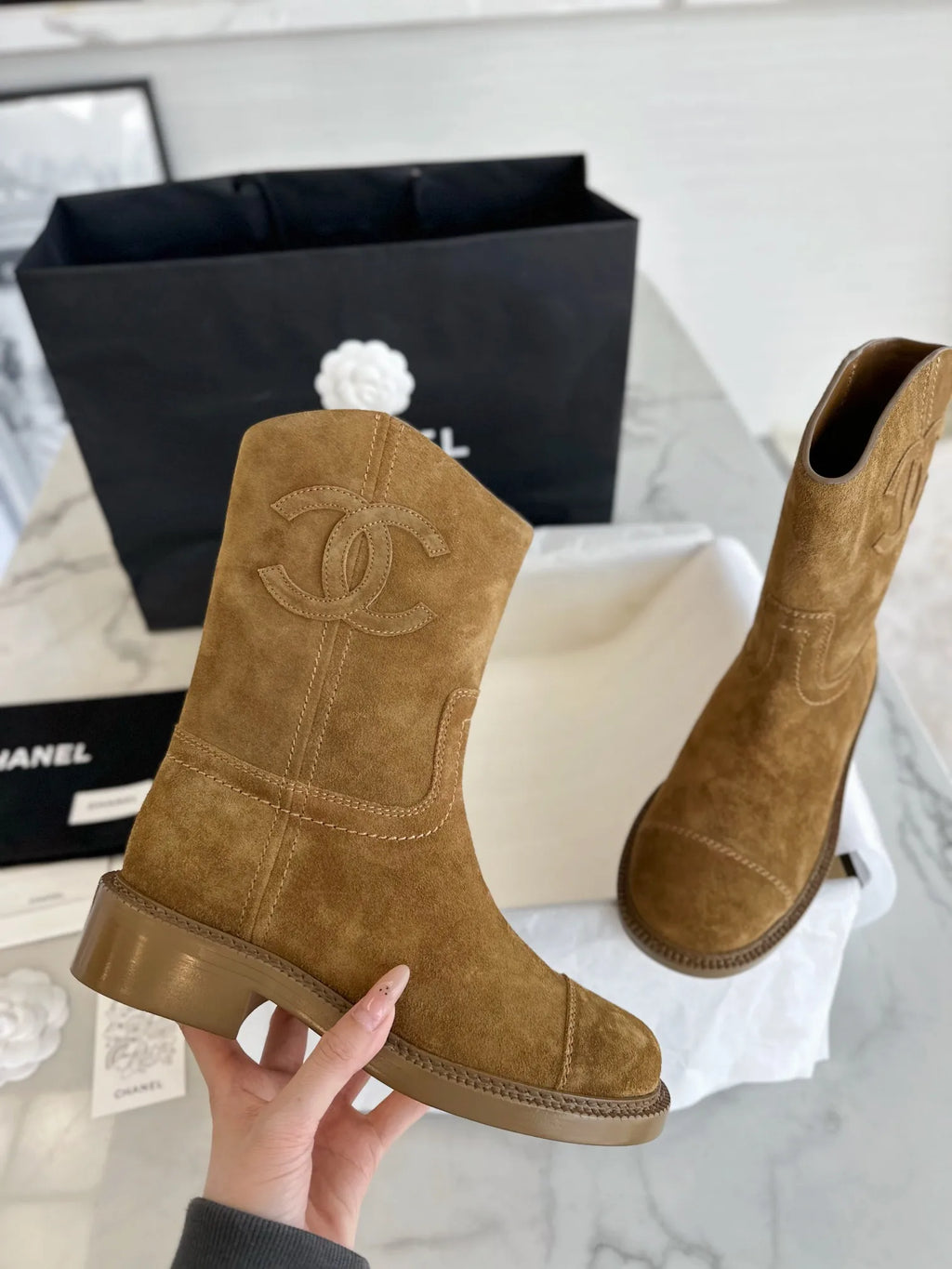 Chanel 24P Retro Maillard Suede Riding Boots 543298
