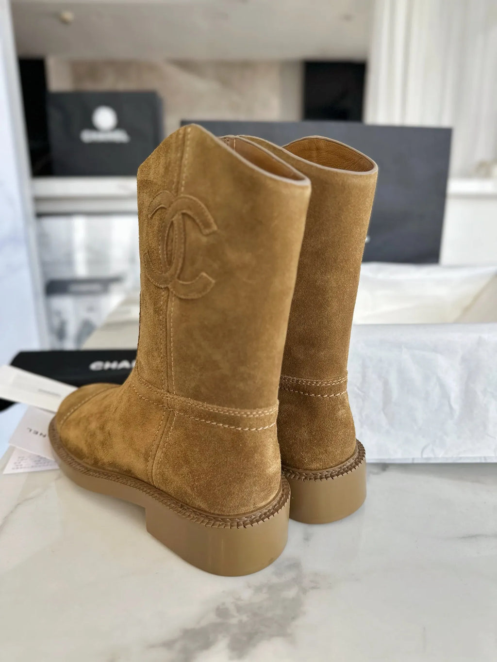 Chanel 24P Retro Maillard Suede Riding Boots 543298
