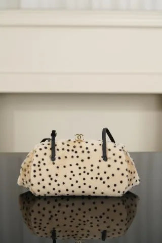 CHANEL 26A Wool Polka Dot Frog Mouth Bag Apricot