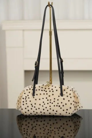 CHANEL 26A Wool Polka Dot Frog Mouth Bag Apricot
