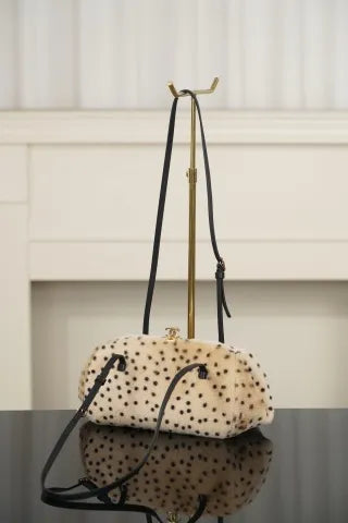 CHANEL 26A Wool Polka Dot Frog Mouth Bag Apricot