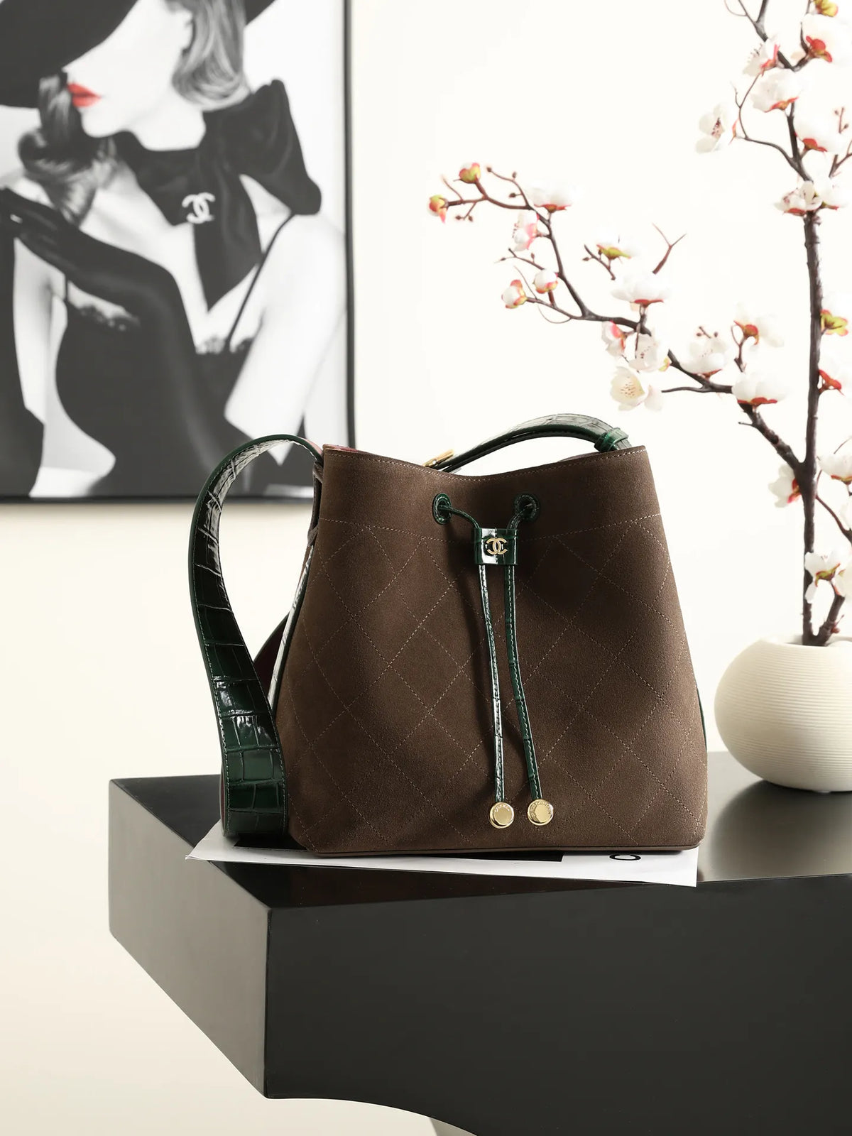 CHANEL 26B Wide Shoulder Strap Bucket Bag Black Large AS6584
