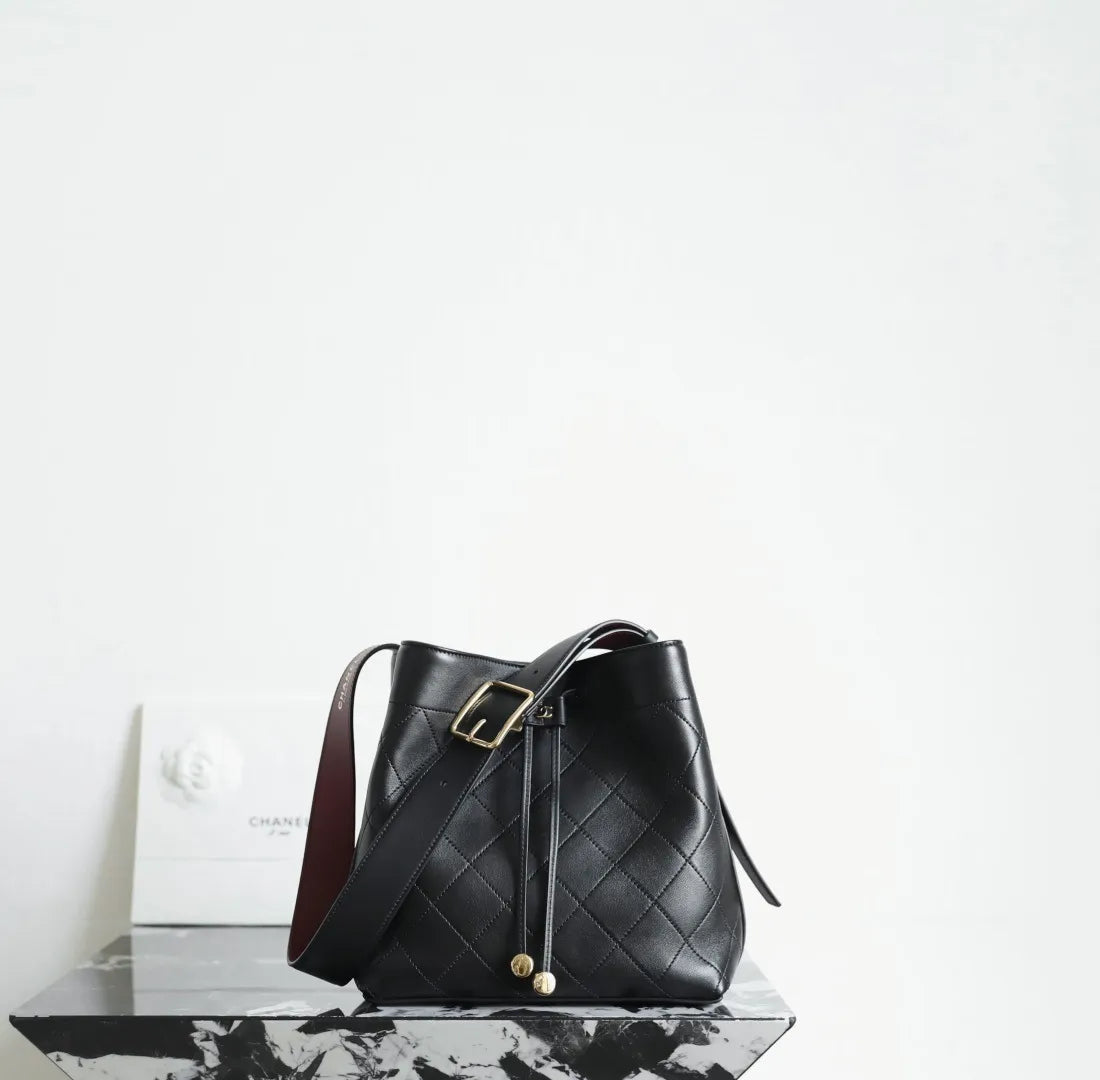 CHANEL 26B Wide Shoulder Strap Bucket Bag Black Medium