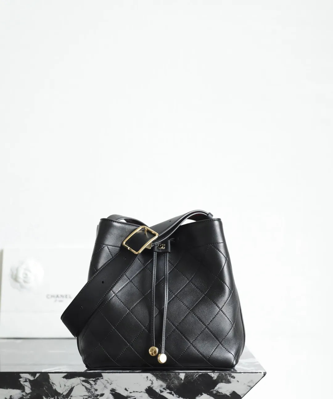 CHANEL 26B Wide Shoulder Strap Bucket Bag Black Medium