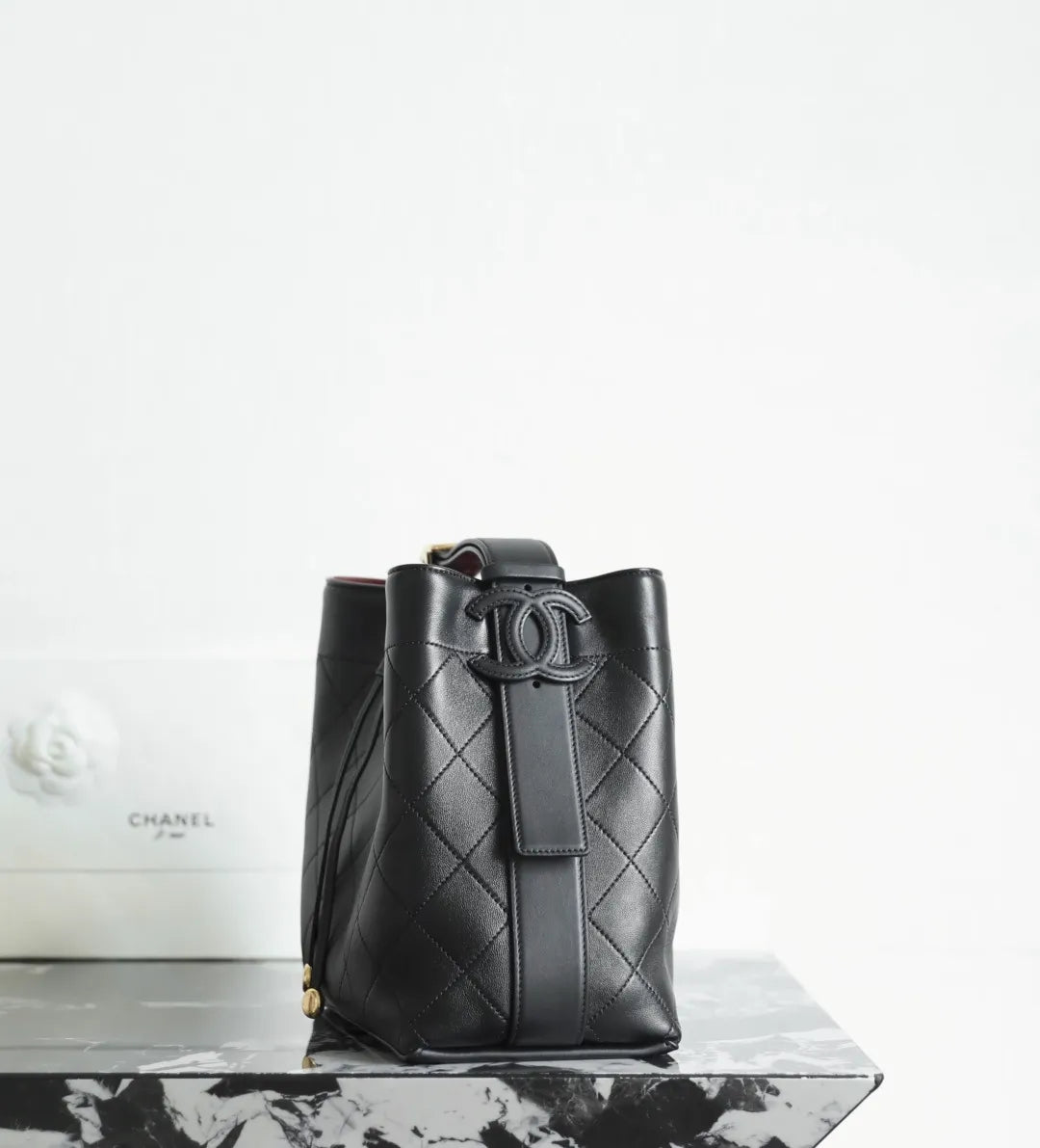 CHANEL 26B Wide Shoulder Strap Bucket Bag Black Medium