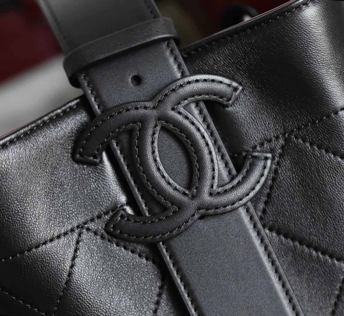 CHANEL 26B Wide Shoulder Strap Bucket Bag Black Medium