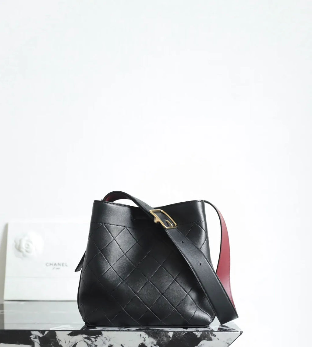 CHANEL 26B Wide Shoulder Strap Bucket Bag Black Medium