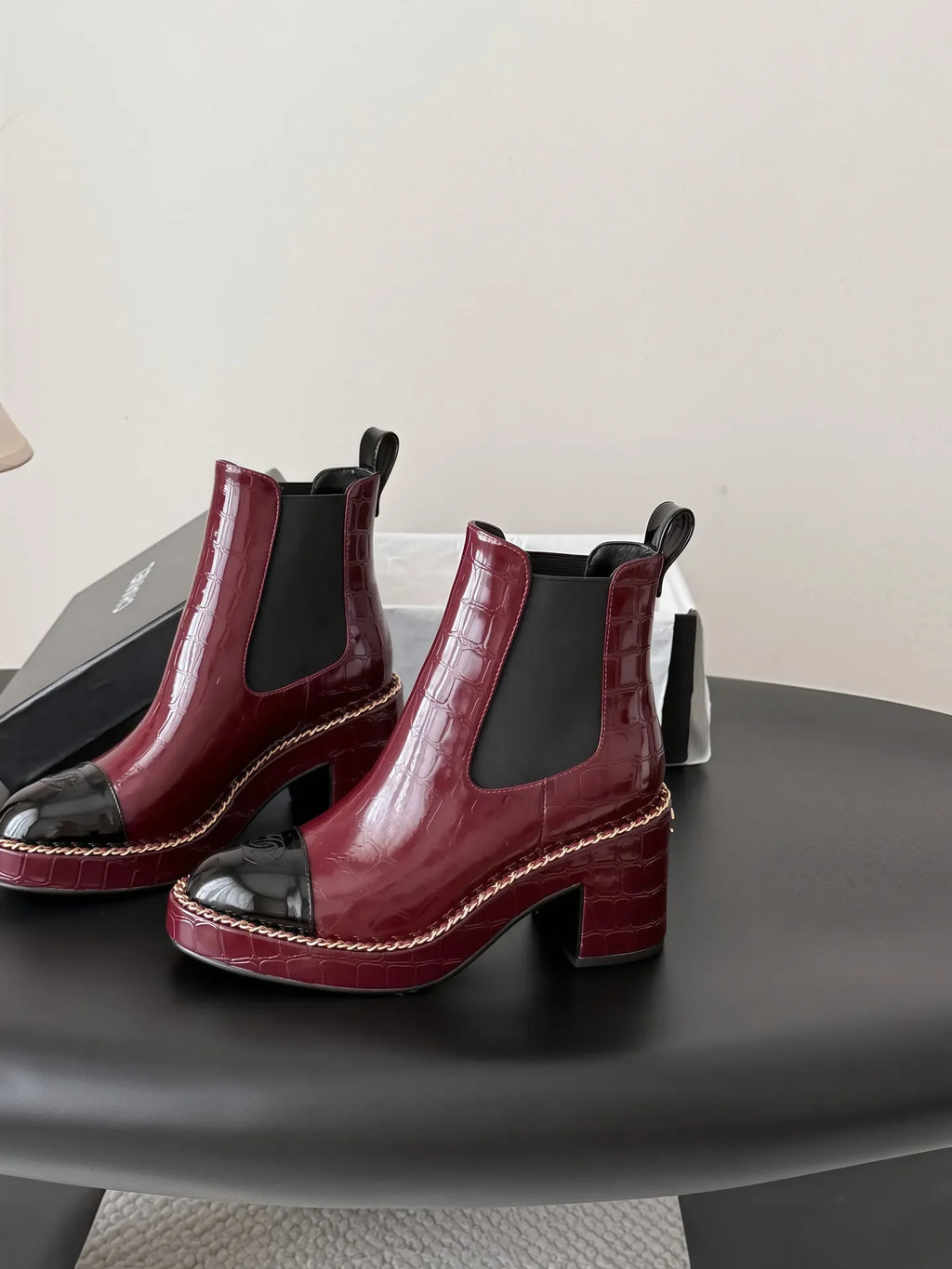 Chanel 26B Women's CC Chain Leather Ankle Boots