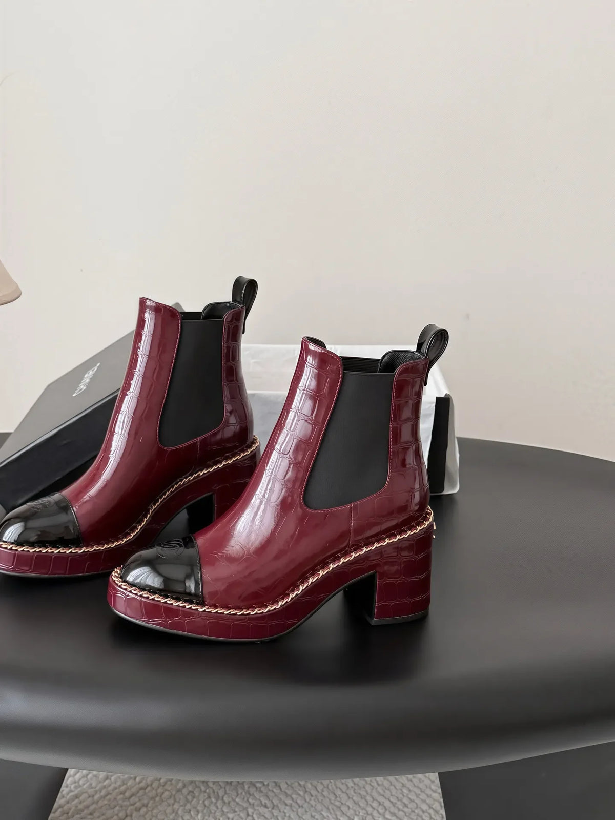 Chanel 26B Women's CC Chain Leather Ankle Boots