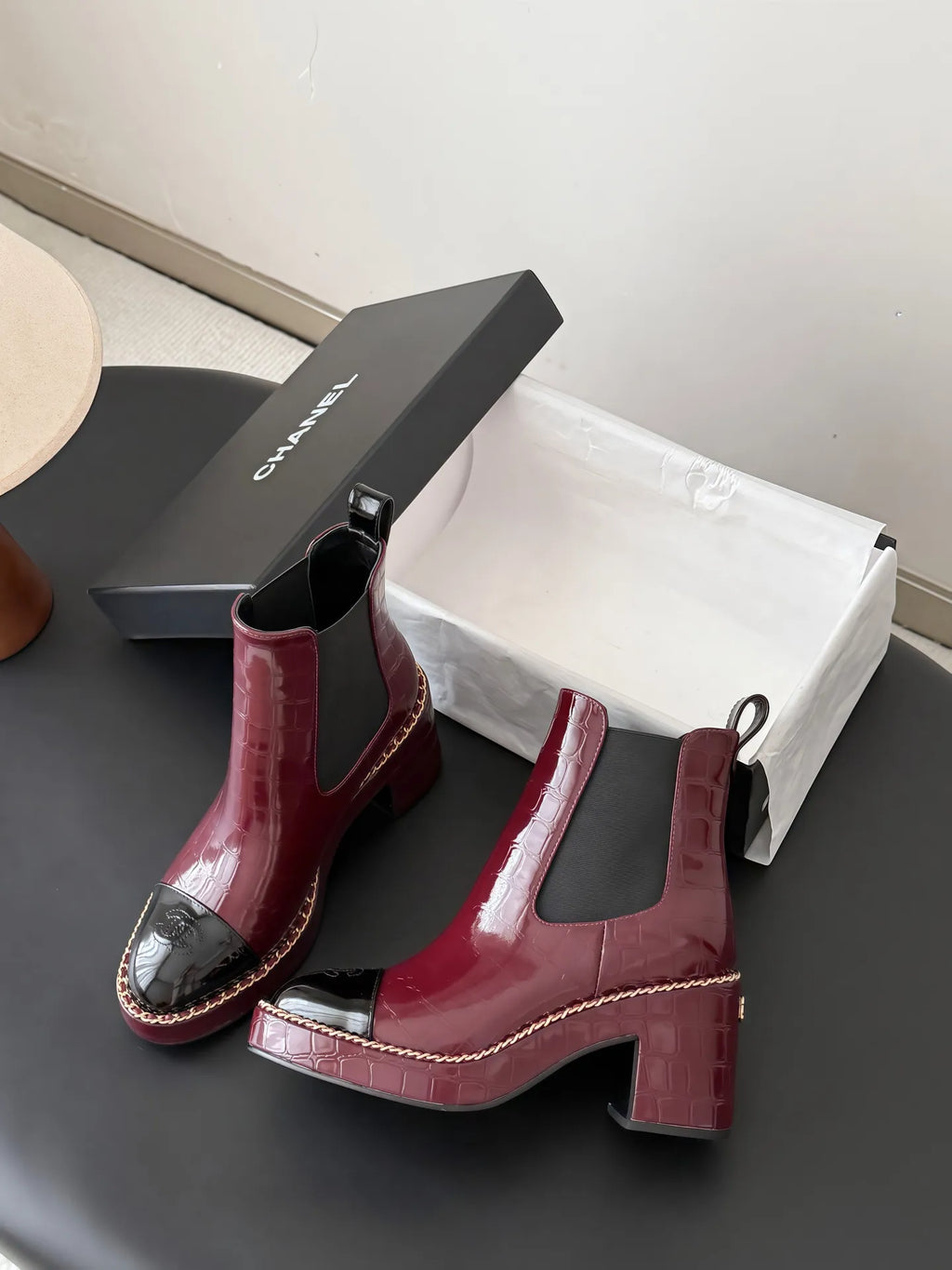 Chanel 26B Women's CC Chain Leather Ankle Boots