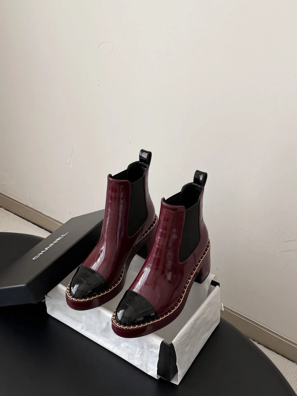 Chanel 26B Women's CC Chain Leather Ankle Boots