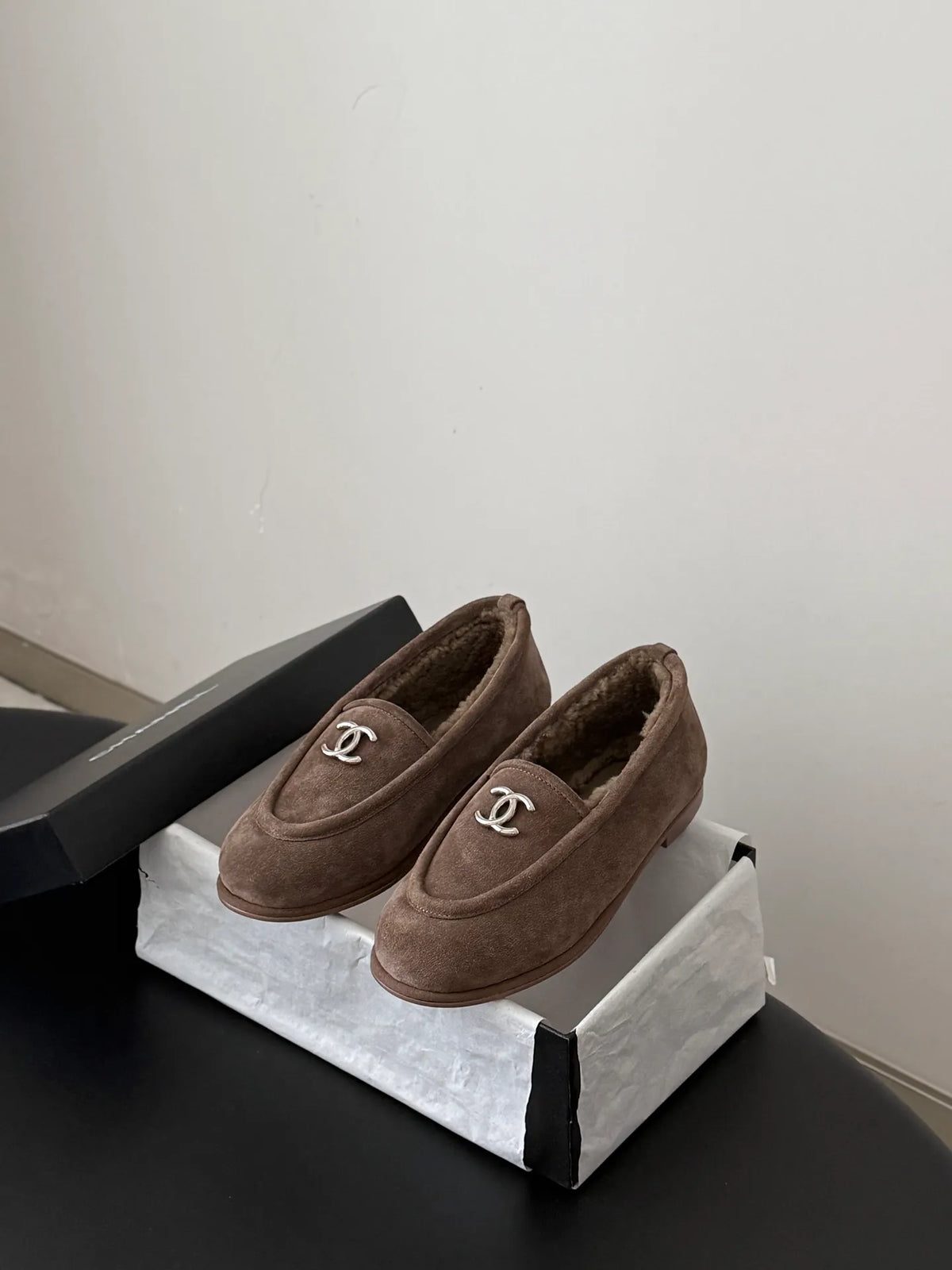 Chanel 26B Women's Suede Fuzzy Loafers