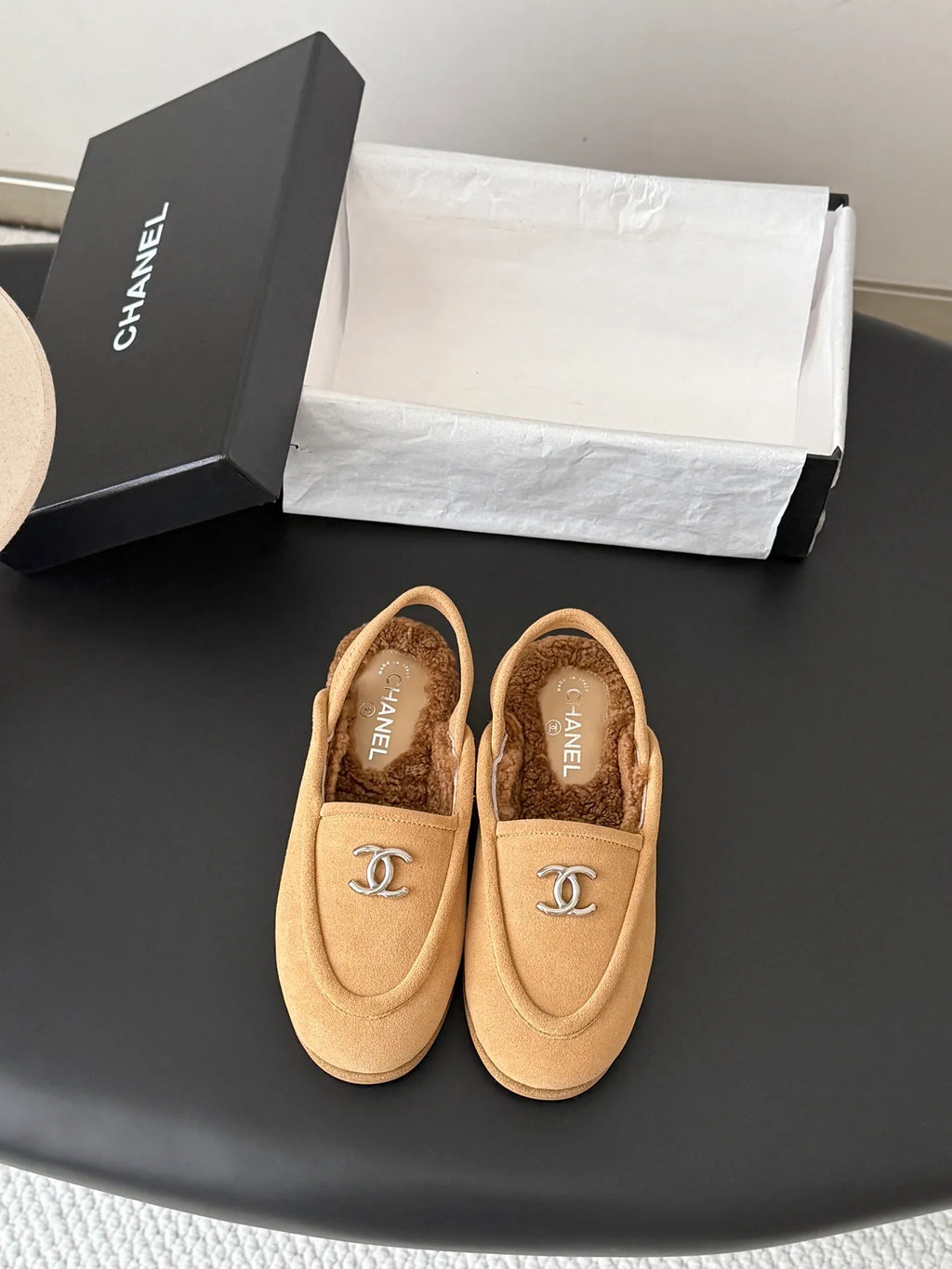 Chanel 26B Women's Suede Fuzzy Loafers Brown