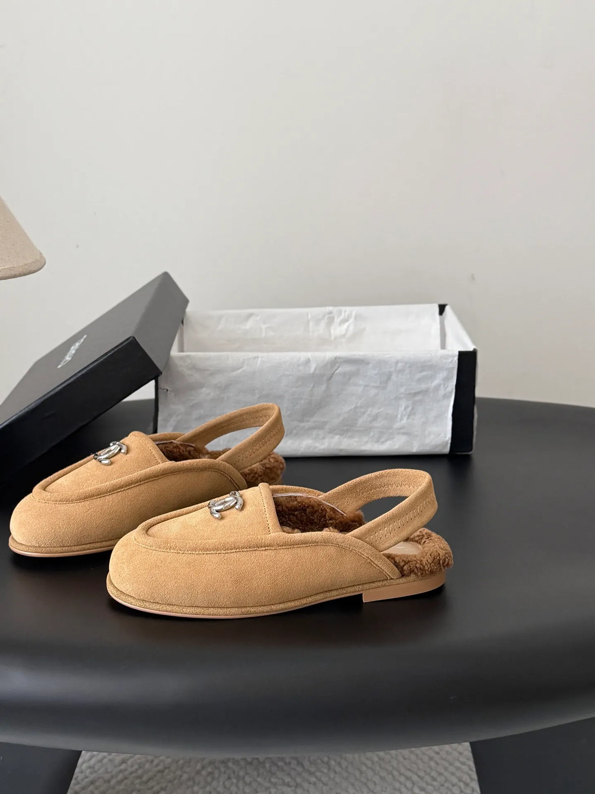 Chanel 26B Women's Suede Fuzzy Loafers Brown