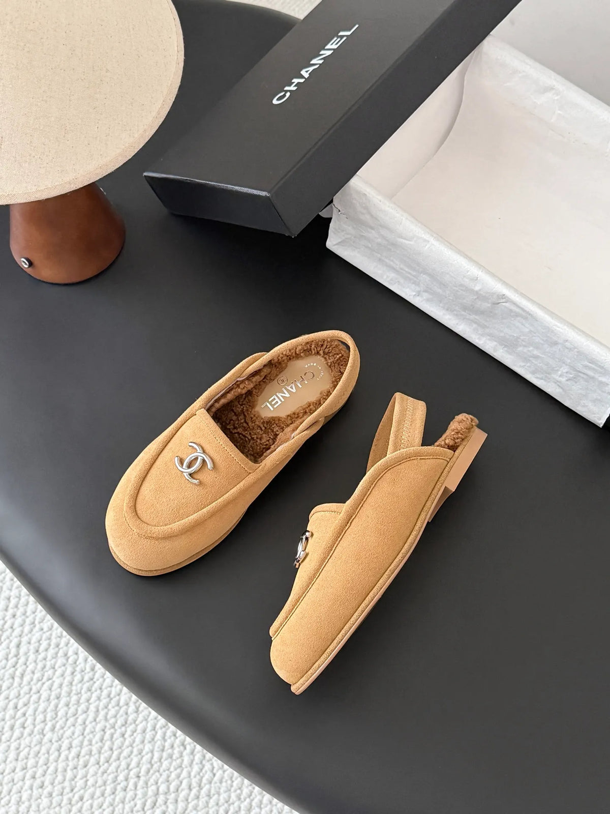 Chanel 26B Women's Suede Fuzzy Loafers Brown