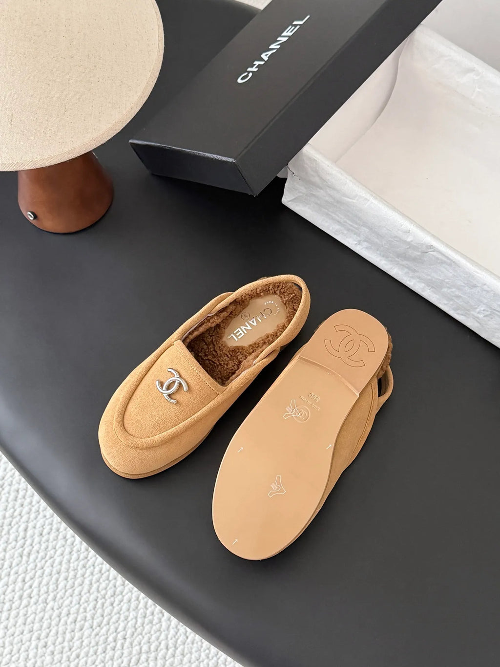 Chanel 26B Women's Suede Fuzzy Loafers Brown