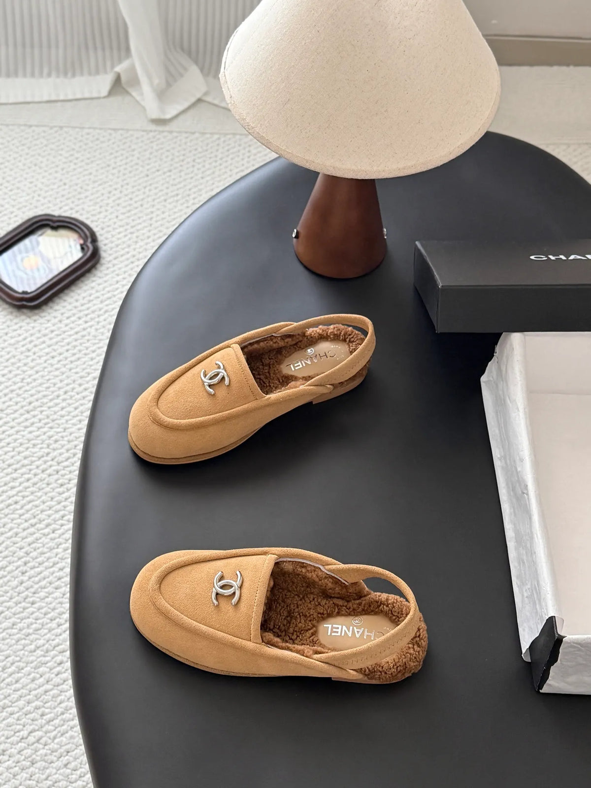 Chanel 26B Women's Suede Fuzzy Loafers Brown