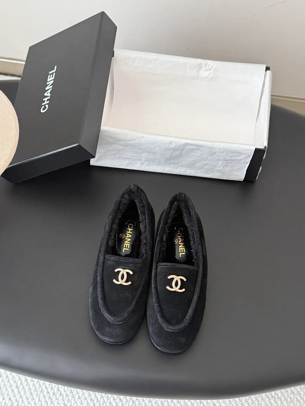 Chanel 26B Women's Suede Shearling Loafers