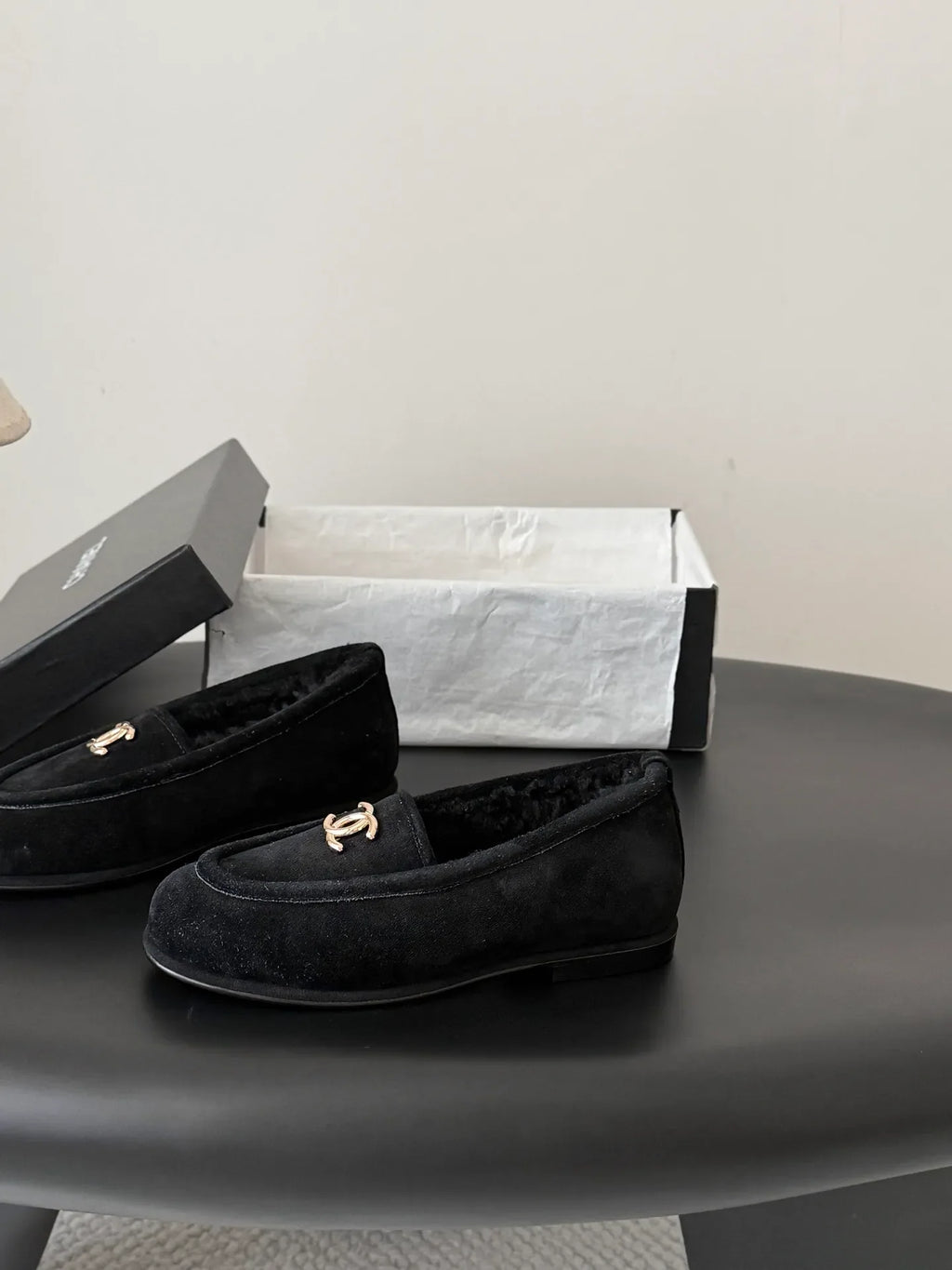Chanel 26B Women's Suede Shearling Loafers