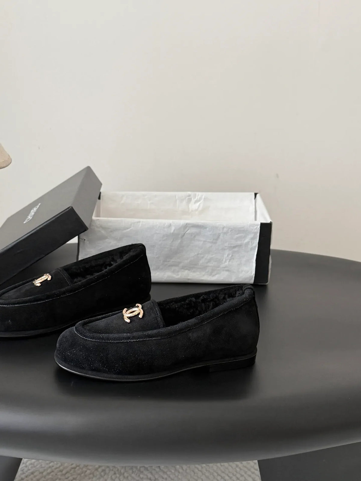 Chanel 26B Women's Suede Shearling Loafers