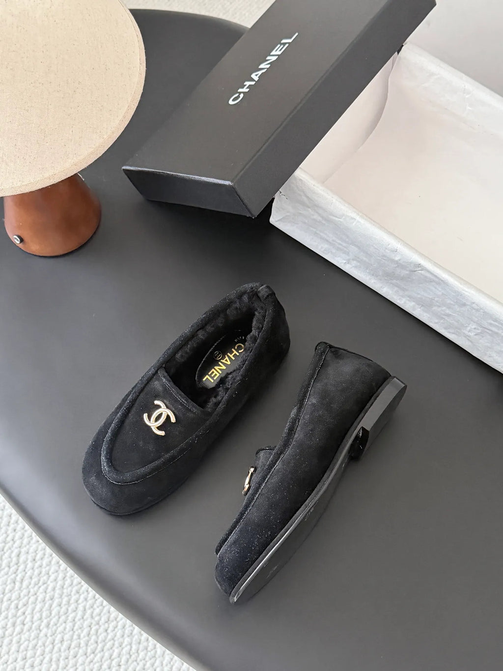 Chanel 26B Women's Suede Shearling Loafers