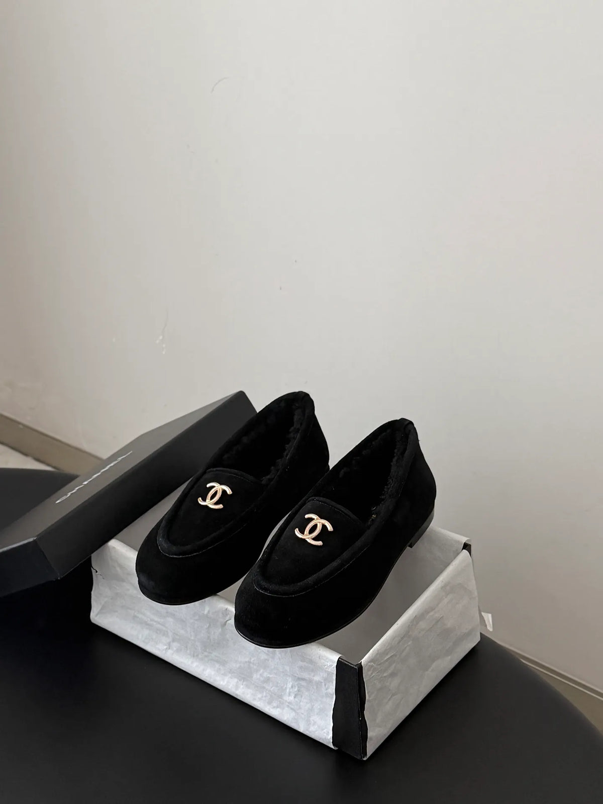 Chanel 26B Women's Suede Shearling Loafers