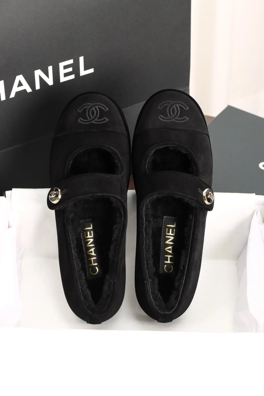 Chanel Black Mary Jane Plush Flats 858575